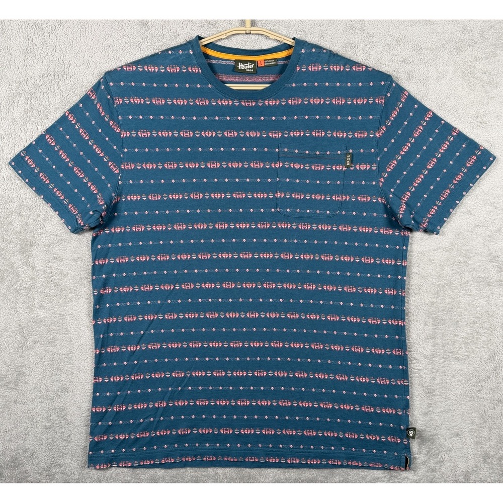 Howler Bros Shirt Mens Large Turquoise Blue Tribal Stripe Crew Short Sleeve Tee